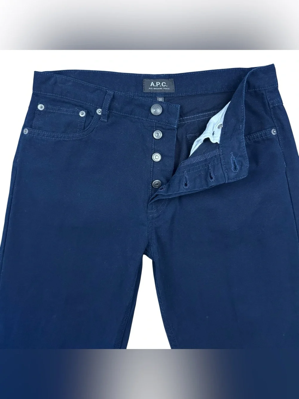 A.P.C. Petit New Standard Pants 30x32 Navy Button Fly Slim Straight Japan Preppy